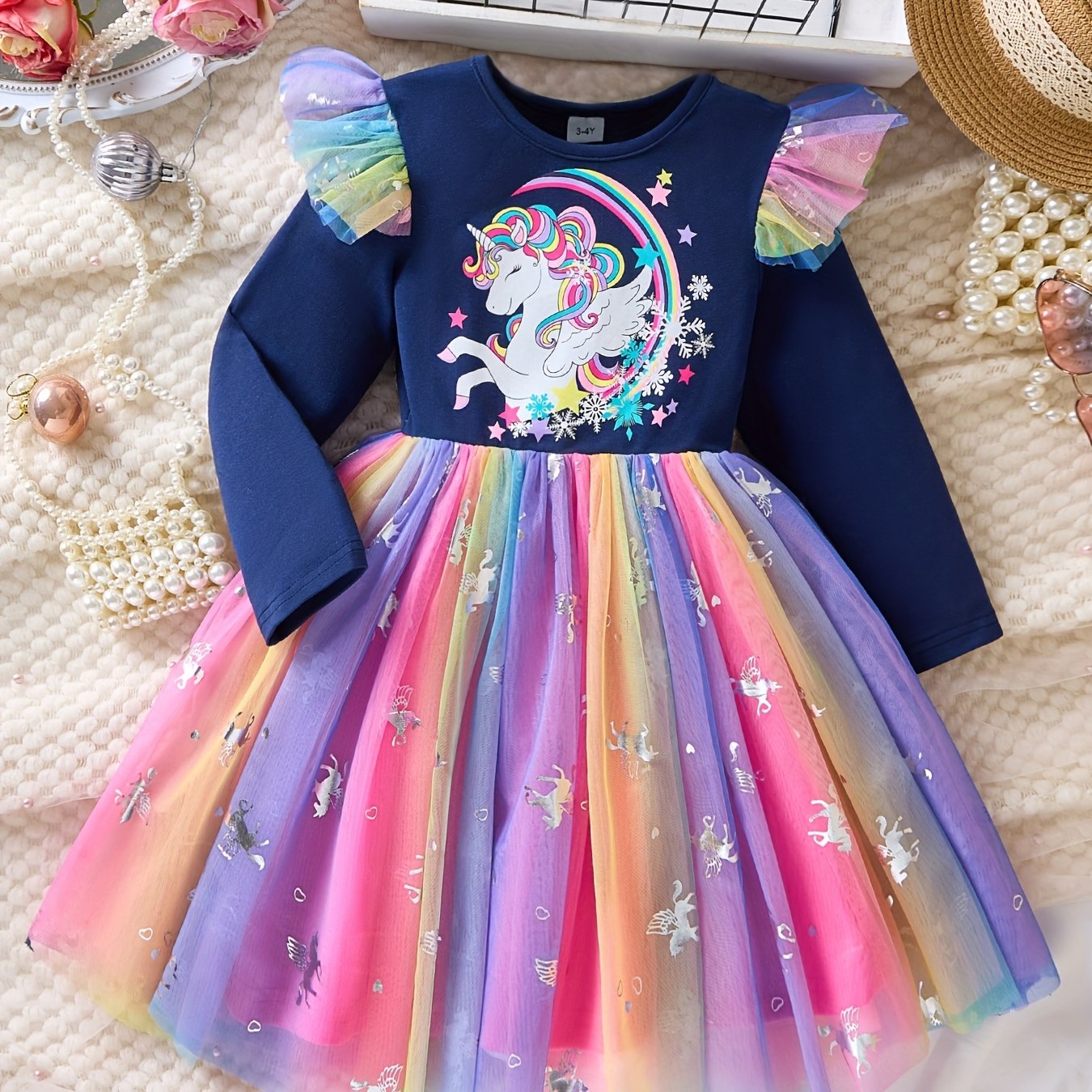 2025 Girls' Long Sleeve Cute Unicorn Graphics Print Princess Dress For Everyday, Holidays And Parties - Comfortable Cotton Top