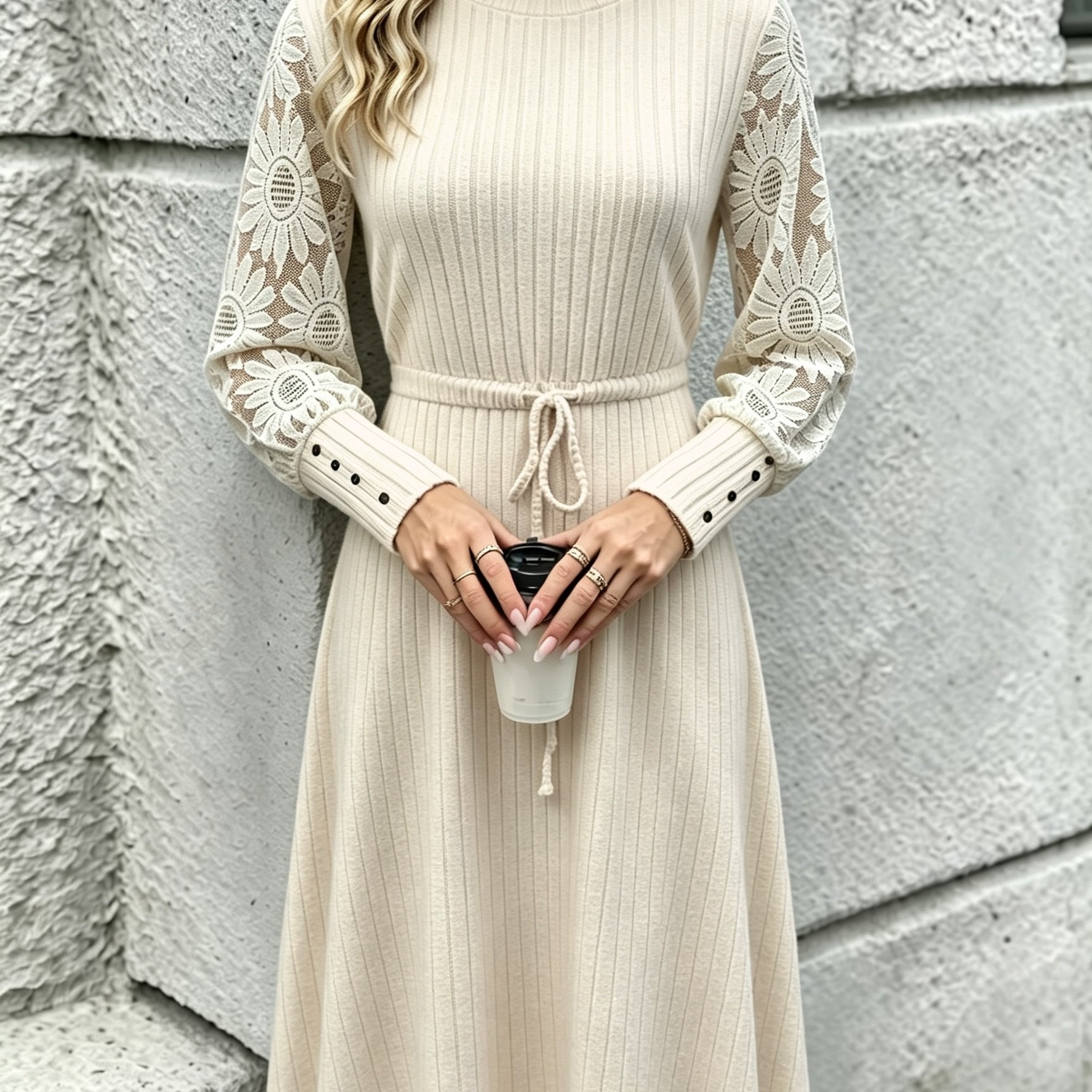 TEMU French Country Style Sunflower Hollow Lace Long Sleeve Dress Women's Vertical Ribbed Waist-cinching Mid-length Dress 3d Pitted Fabric Craft