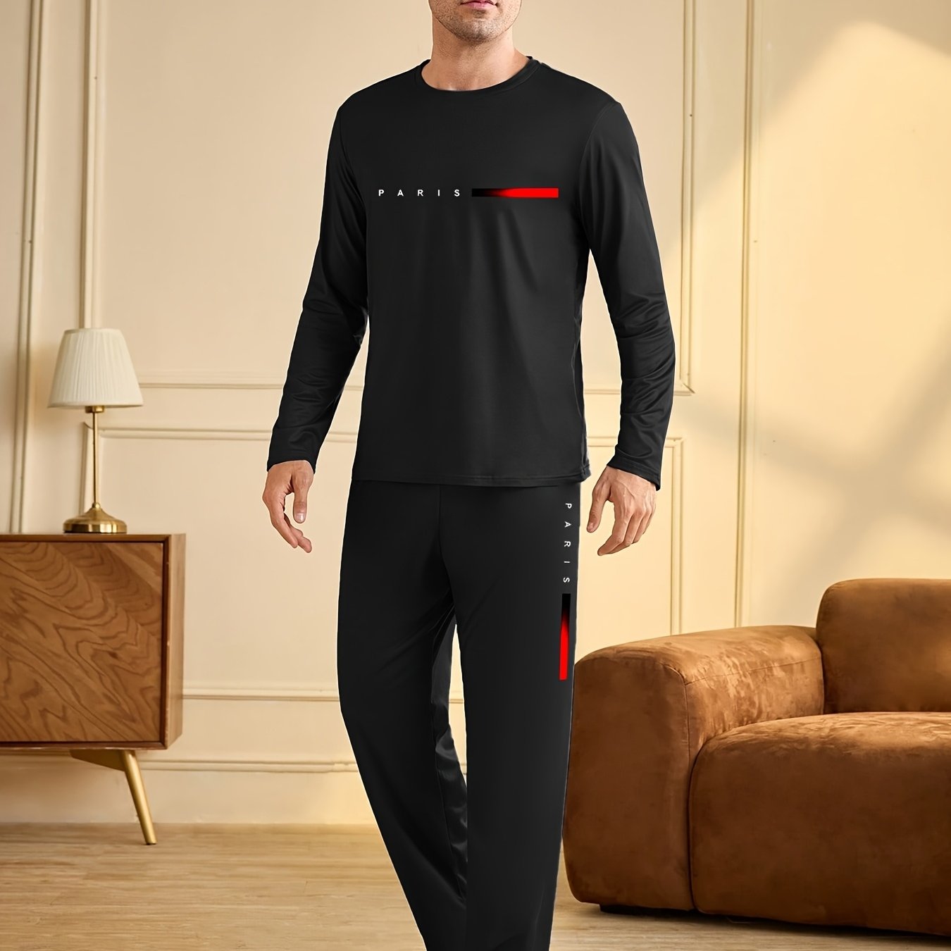 Plus Size Men's 2pcs Letter Print Black Long-sleeved Pants Set