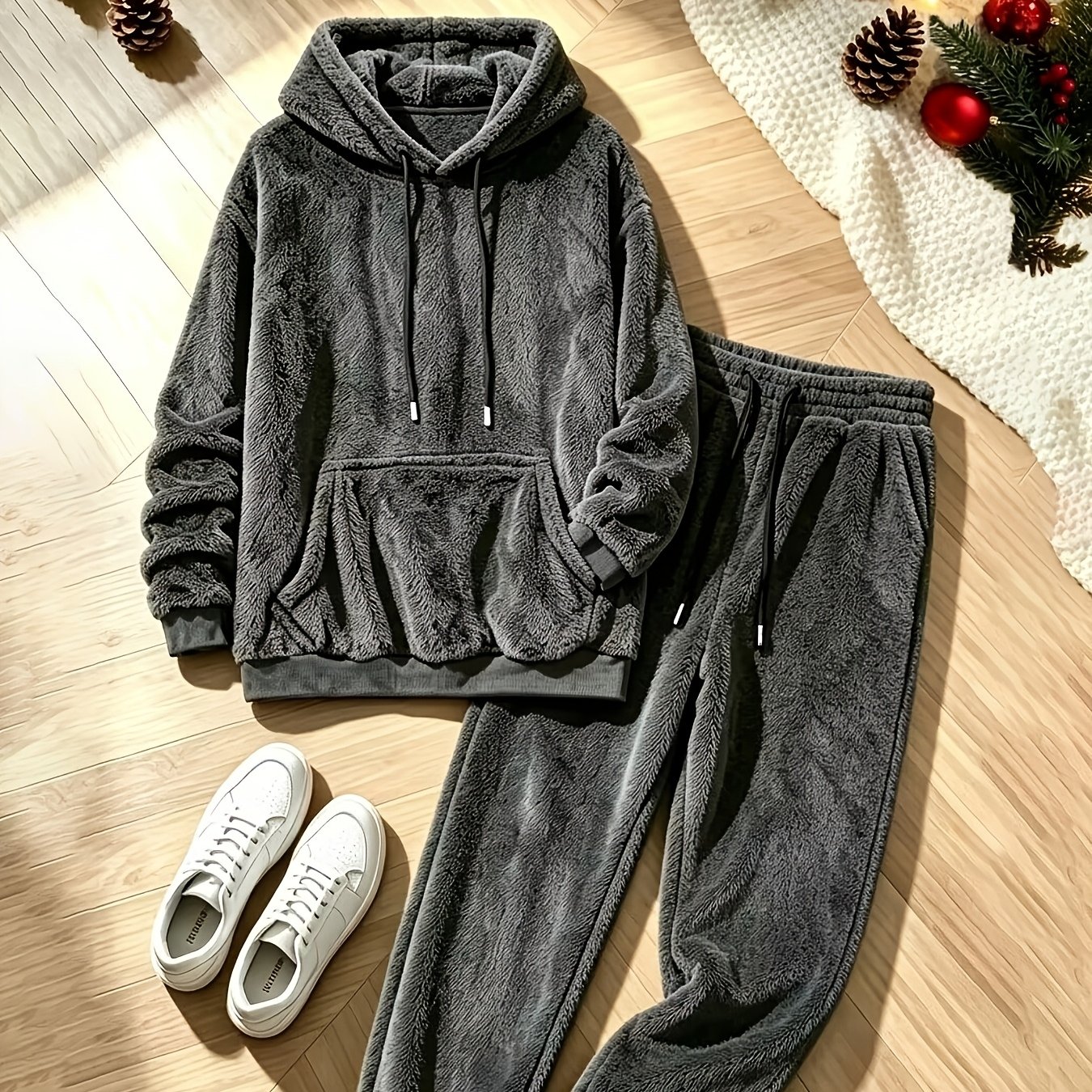 TEMU Men's Flannel Casual Outerwear And Long Pants 2pcs Set For Autumn/winter, Suitable For Home And Casual Wear, Hoodies