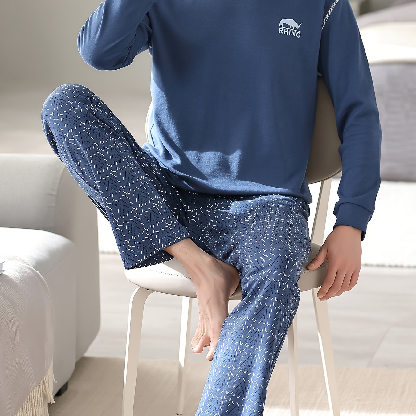 Image of Men's Pure Long Sleeve Pajamas Spring Autumn Thin Full Youth Wear Set Men's Loose Autumn Spring
