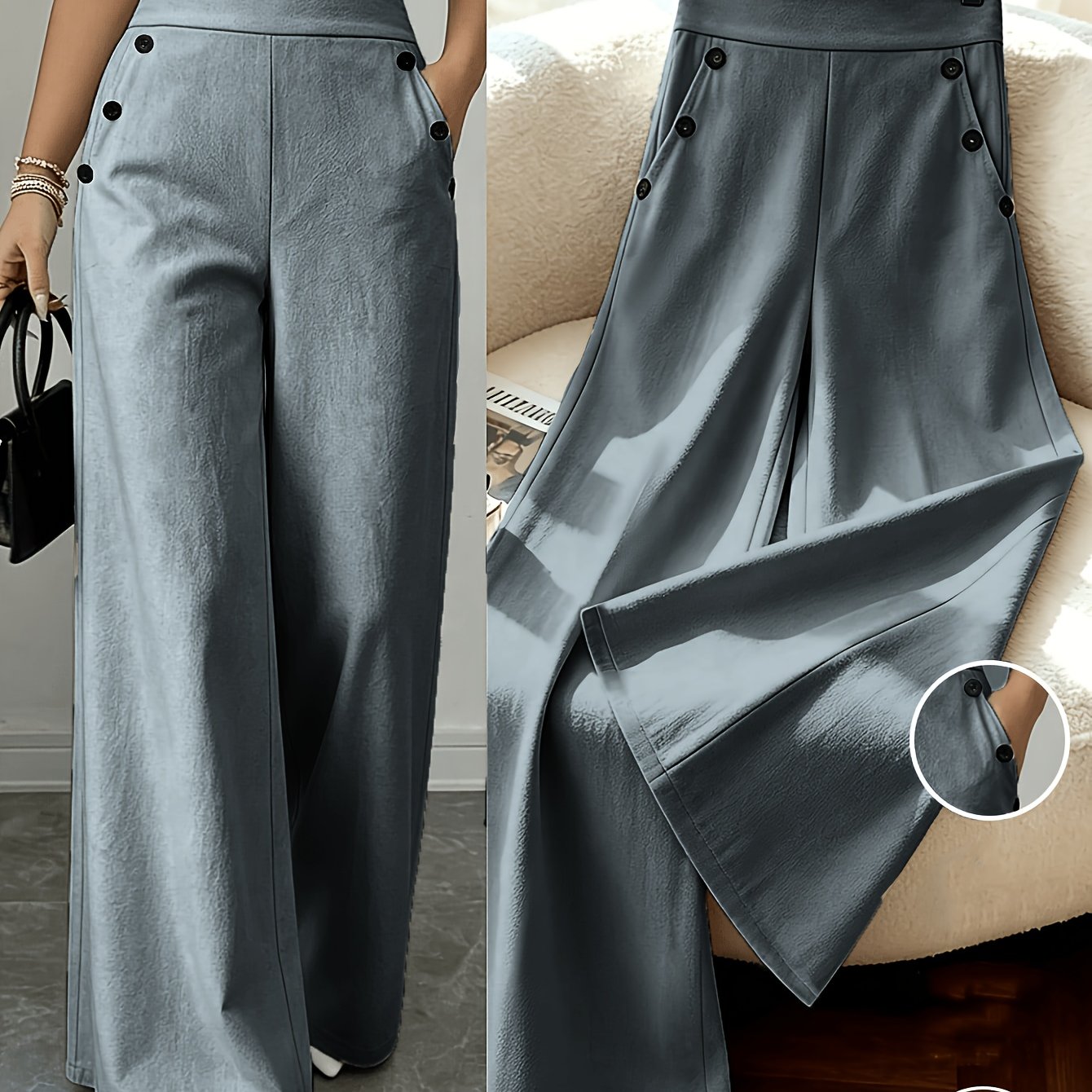 TEMU Pantalon à jambes larges et boutonnage devant au avec une coupe décontractée drapée à taille haute. pantalon polyvalent est parfait pour et les