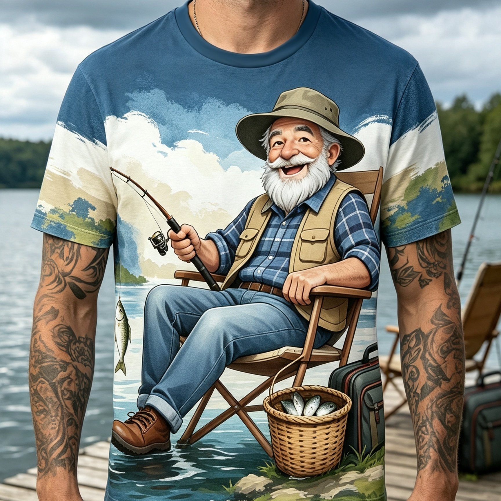 TEMU Men' Full-body Fishing Print T-shirt - Short Sleeve Round Neck Casual Summer Top With Lake & Design Suitable For , Lakeside , Fishing Enthusiast