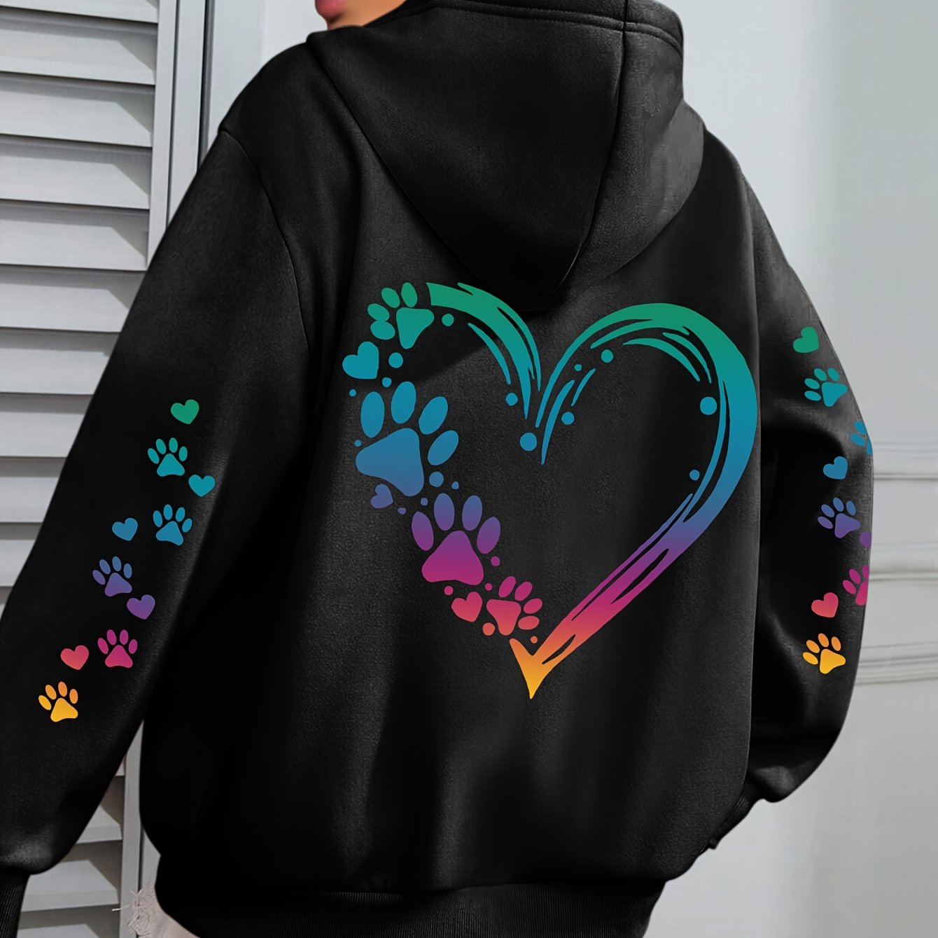 TEMU Plus Size, Plus Size Love & Footprints Print Hoodie, Casual Long Sleeve With Pocket Hooded Sweatshirt For Winter & Fall, Designed For Women,
