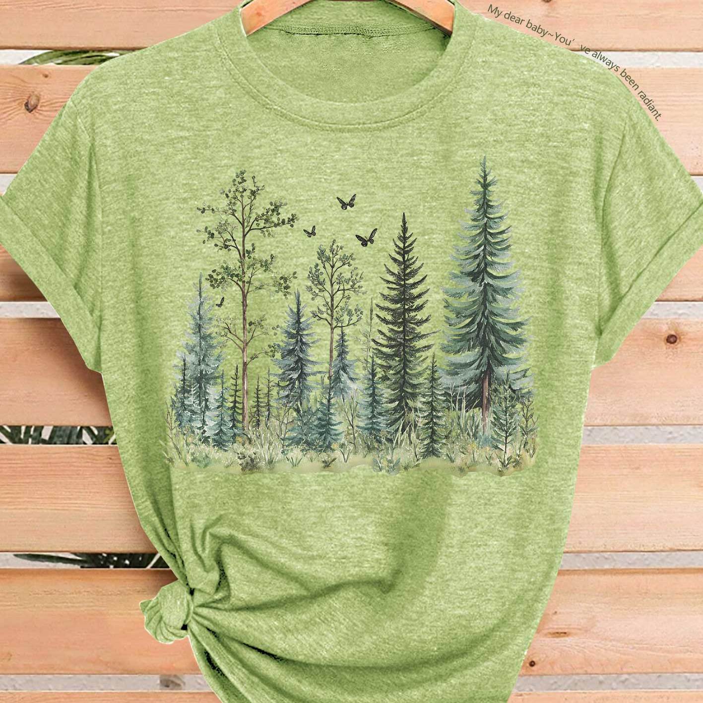 TEMU New Summer Women's T-shirt With Watercolor Hand-painted Forest Print, Suitable For Daily Streetwear, Commuting, Vacations, And Summer . Elegant