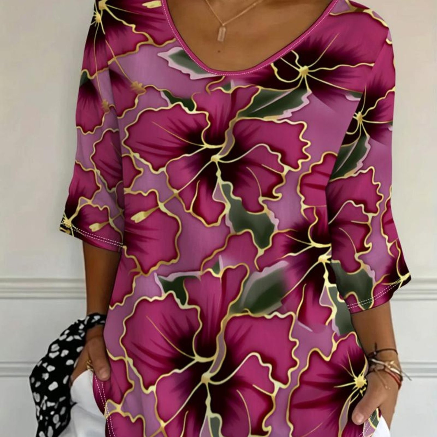 TEMU Plus Size Women's Floral Top, Available, Mixed Colors, Effect, 2026 Summer New Arrival, Bohemian Hot Item, 3/4 Sleeve, Versatile Top, Suitable