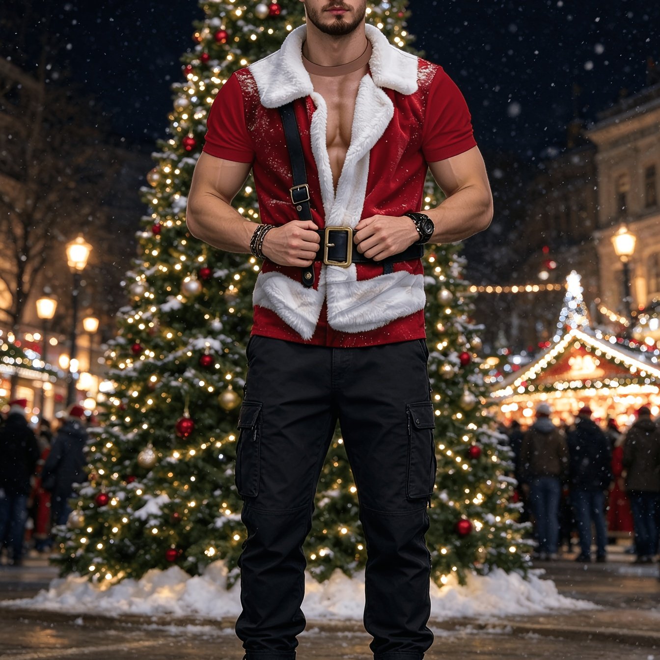 TEMU Men's Print Christmas T-shirt - Santa Claus And Elf Costume Style, And Red Suit Design, Round Neck Short Sleeve Casual Holiday Party Apparel,