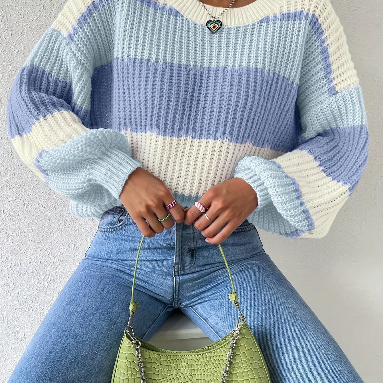 Image of Women's Casual Color-block Striped Ribbed Sweater - Drop Shoulder Long Sleeve Round Neck Pullover, Soft Cozy Fall Top With Relaxed Fit, Cute Sweaters, Winter Wardrobe Essential, Textured Fabric