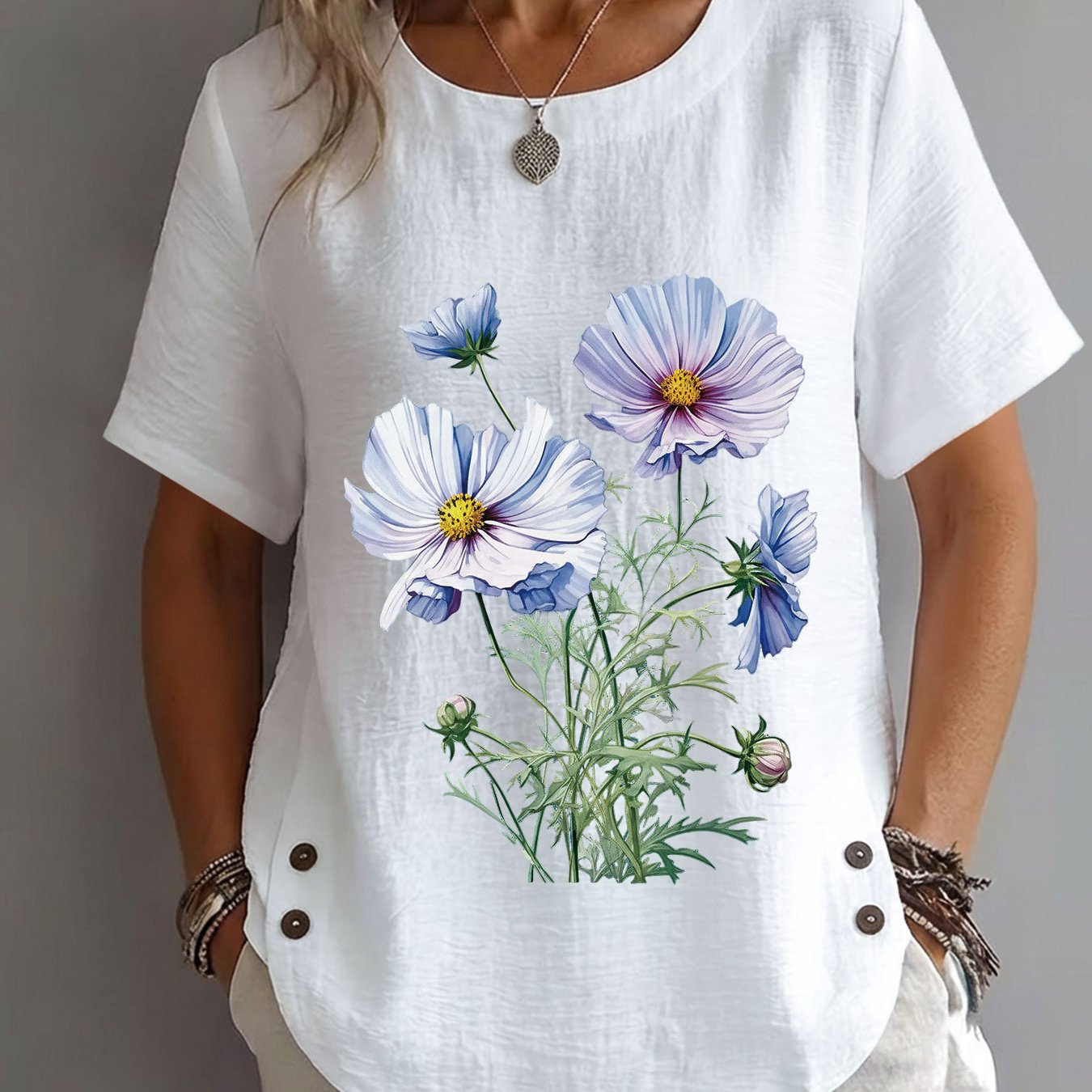TEMU /summer Women's Top, With Floral Stem And Leaf Print, Mature Casual Round Neck Short Sleeve Elegant Apparel