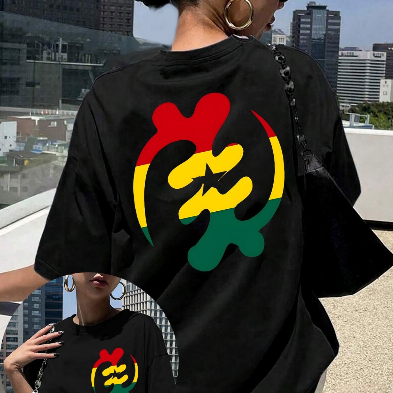TEMU Women's Letter Print Tshirt Ghana Flag, African Elements Black Shortsleeved Round Neck Casual Top, Medium Elastic Breathable Fabric, Machine
