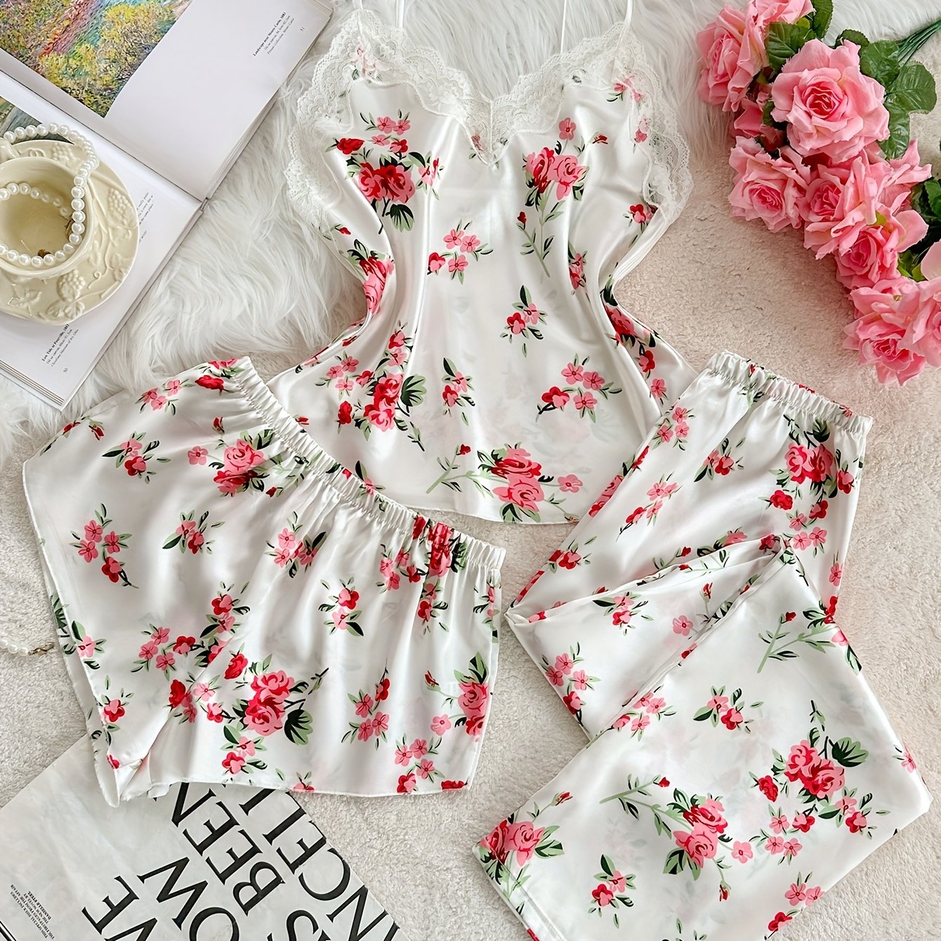 TEMU Women's Comfortable Printed Camisole Shorts And Long Pants Sleepwear Set Of 3pcs