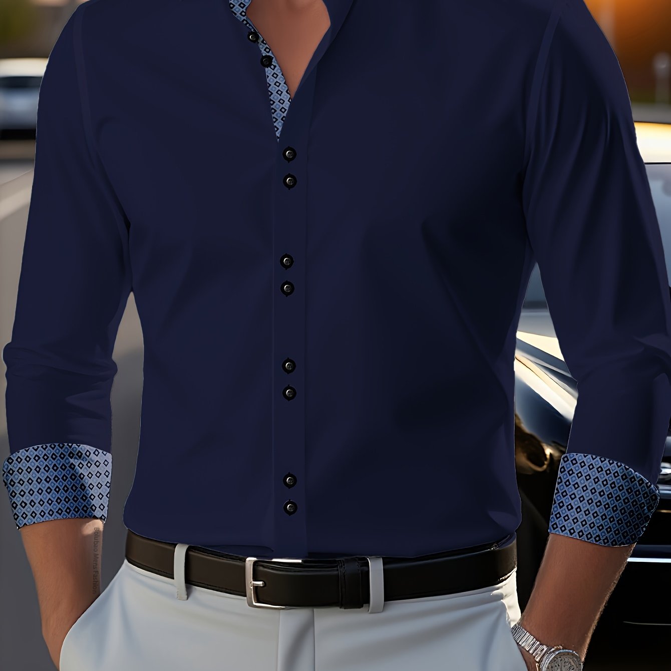 TEMU 1pc Men's Shirt/men's Outfit/men's Designer Clothing/men's Shirt - Patterned Diamond Check Color Block , Slim Fit, Polyester Material, , Machine