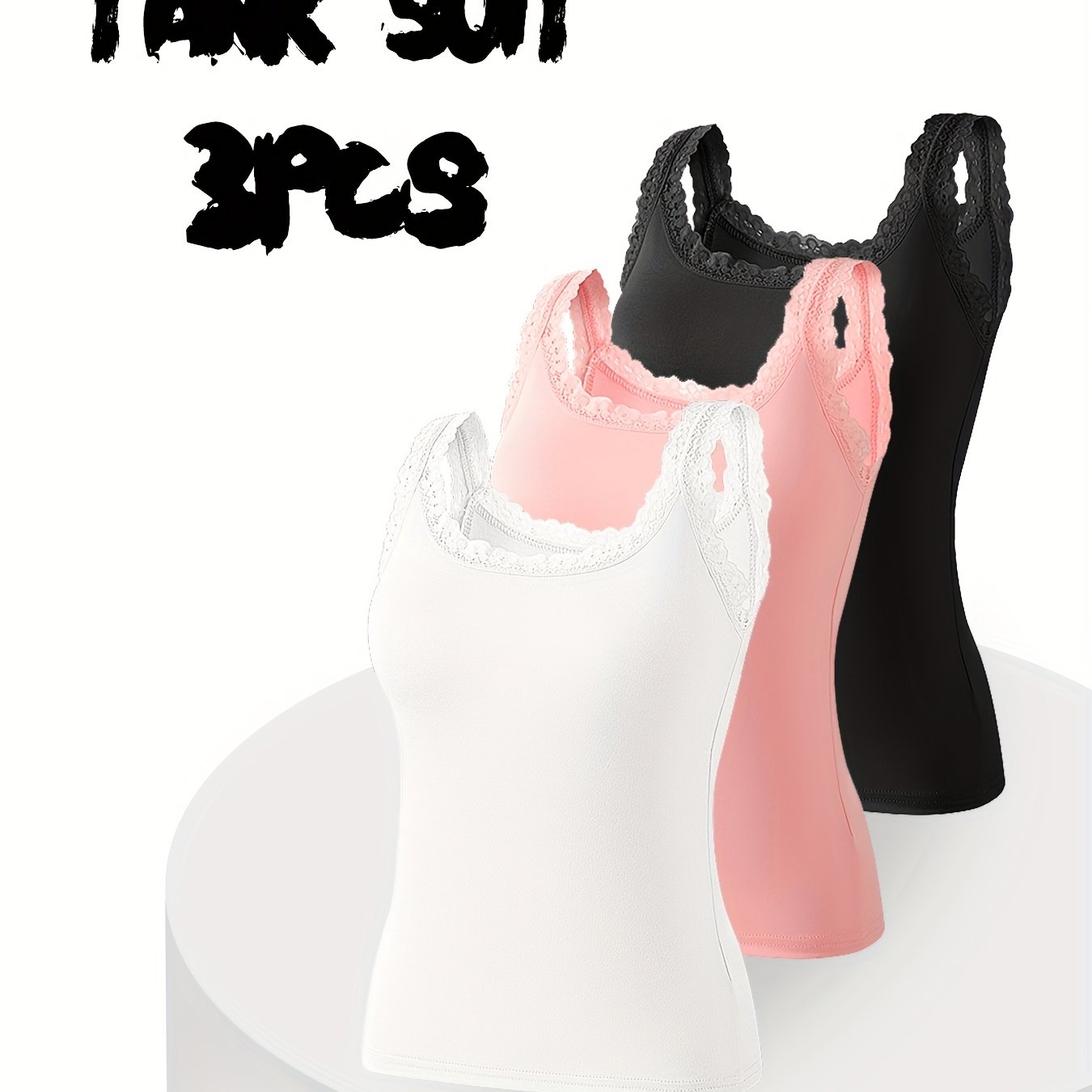3pcs Contrast Lace Camisole Tank Tops Solid Color Comfortable Versatile Pajamas Black White Pink