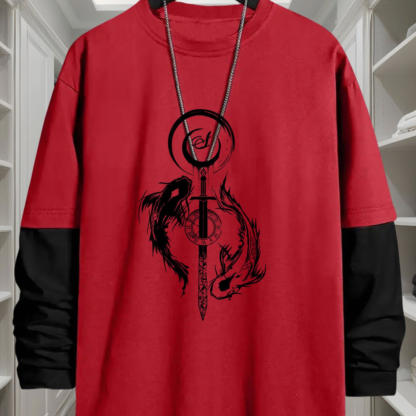 TEMU J1417 Yin-yang Fish Print 2-in-1 Look Long Sleeve T-shirt Men's Streetwear Fashion Top