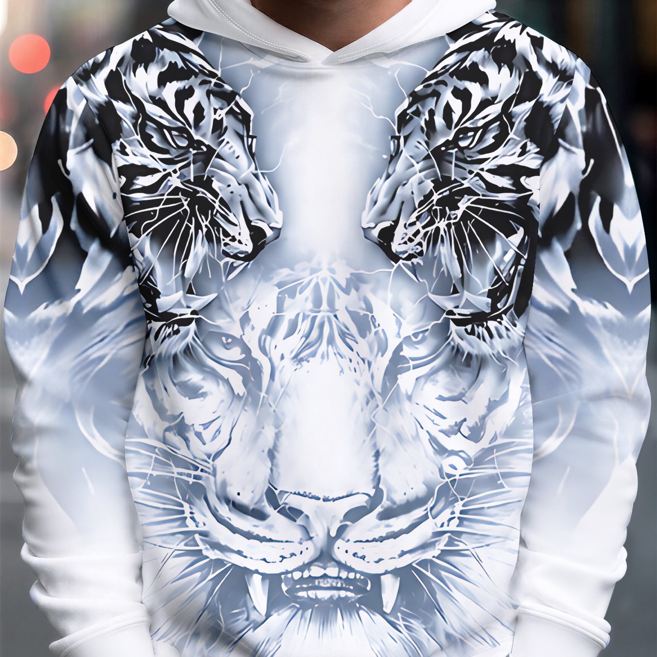 TEMU Men's Tiger Hooded Sweatshirt - Gradient With Triple Tiger Print, Long Sleeve Casual Pullover Hoodie Suitable For Daily Wear, Commuting, Sports,