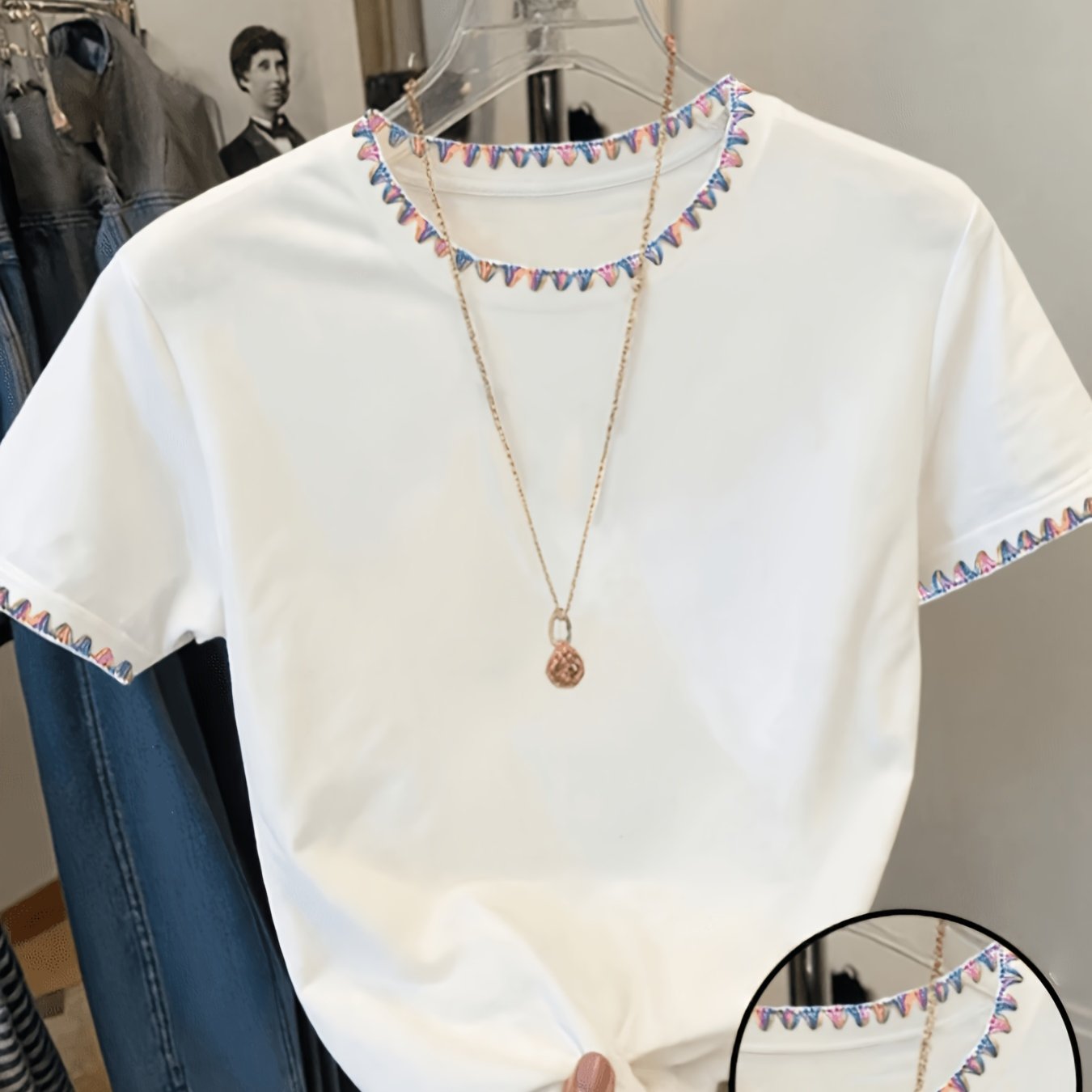 E-shop Damen Freizeit-T-Shirt mit Rundhalsausschnitt, Muschelspitzenbesatz kurzen Ärmeln, geeignet für den Sommer