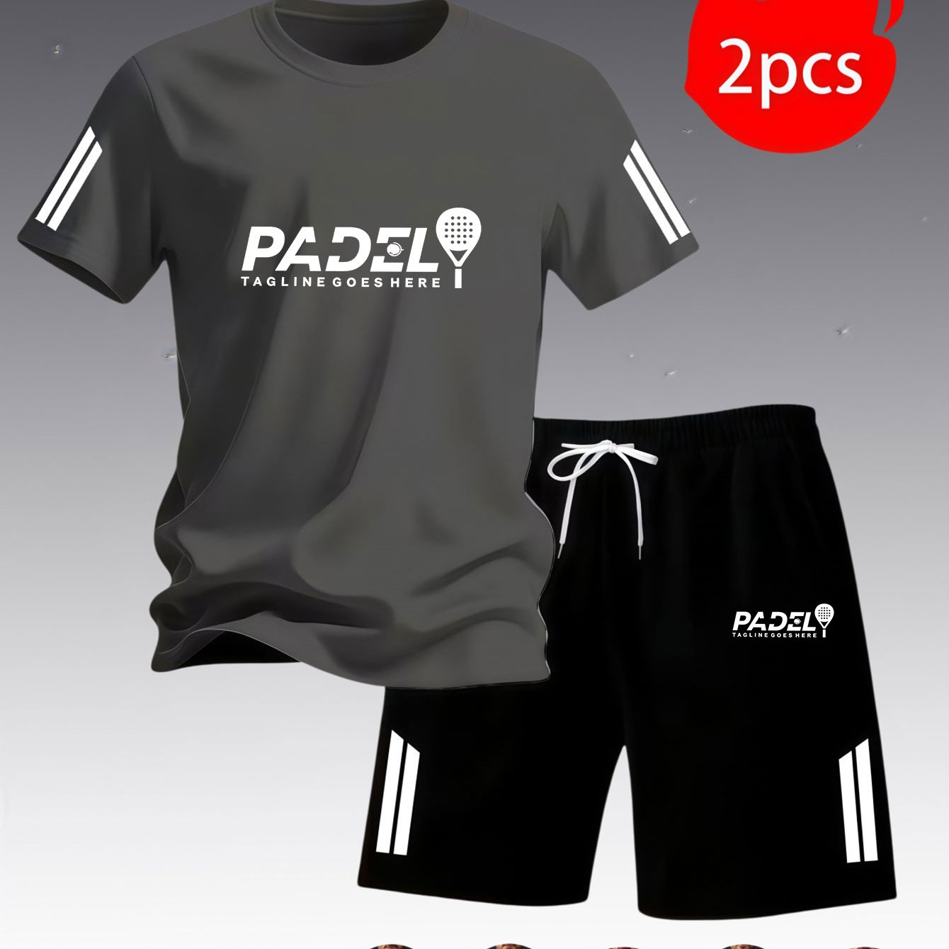 TEMU Short Sleeve Short Shorts Casual 2pcs Set, Chest Padel Racket , Red And On Cuffs And Side Pockets For Athletic Feel. Soft And Skin-friendly