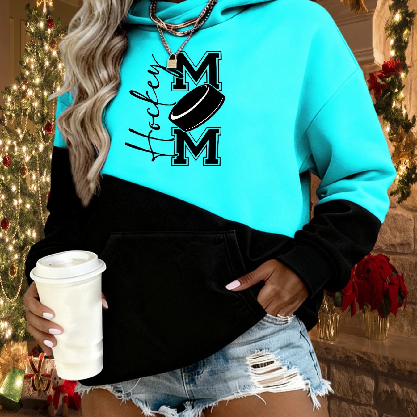 TEMU Sweat à capuche patchwork doublé de style Noël avec imprimé "Hockey Mom" hockey sur glace et lettres, sweat à capuche patchwork doublé chaud et