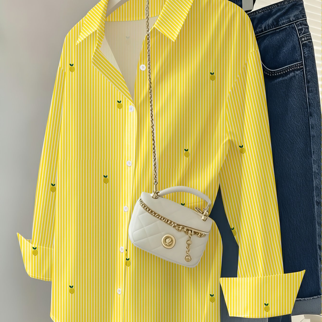 TEMU Chemise rayée à imprimé de fruit pour femmes, printemps-été, cardigan à à manches longues, et décontracté, élégant et tendance, idéal pour , les