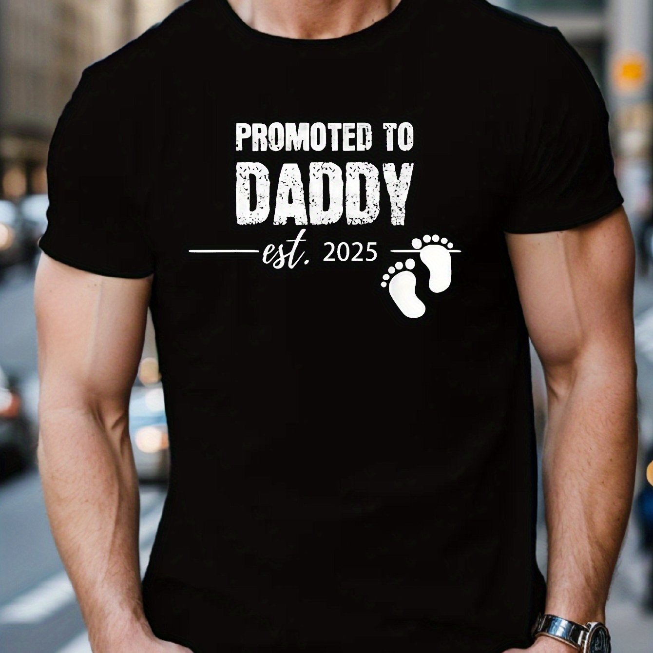 TEMU Men's " To Daddy" 2025 Casual T-shirt, 100% Polyester Crew Neck Short Sleeve Top, Geometric Pattern, Stretch Knit Fabric, Regular Fit, Summer