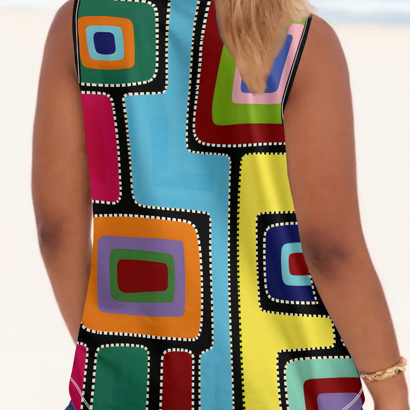 TEMU Plus Size Women's Summer Artistic Personality -block Geometric Checkerboard Print Sleeveless Tank Top With Draping Fabric For Ramadan Carnival