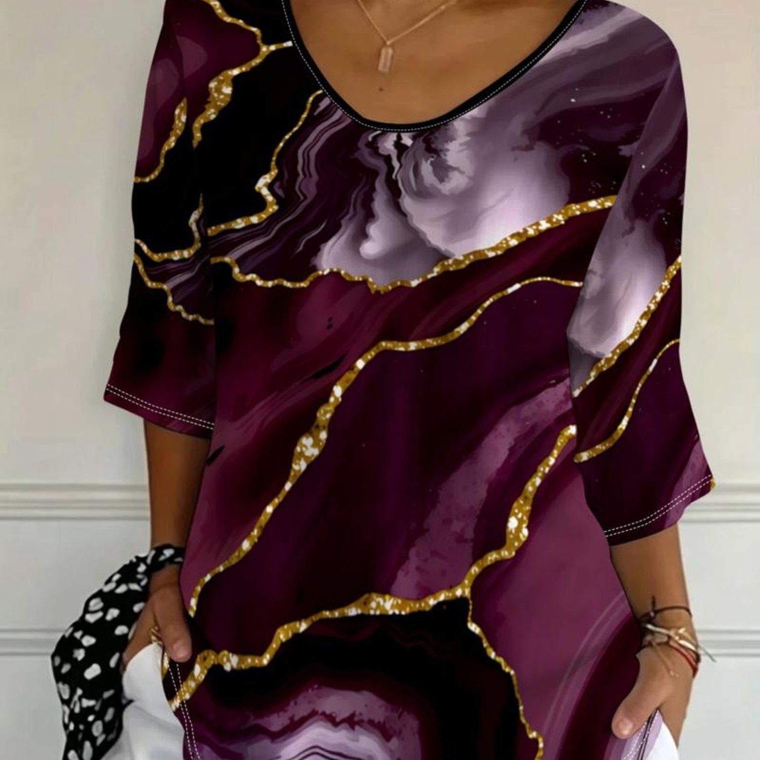 TEMU Plus Size Women's Top, Luxurious Agate Pattern, Effect, , Mixed Colors, Suitable For Daily Wear And Casual Occasions, Summer 2026 New Style,