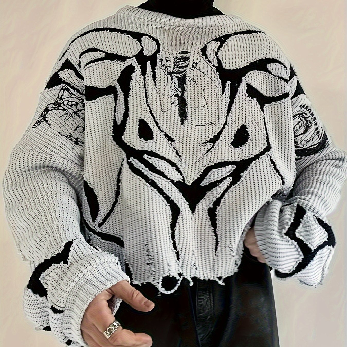 Graphic Pattern Knit Ripped Sweater, Casual Long Sleeve Pullover Sweater For Fall & Winter, Women's Clothing