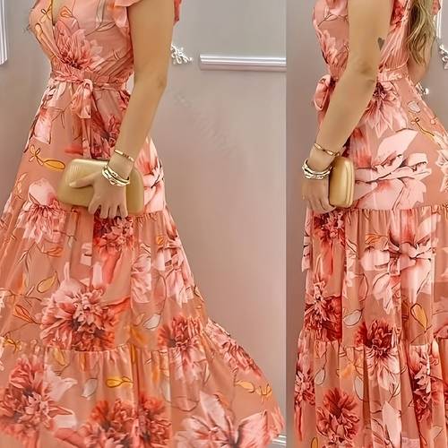 womens elegant floral print maxi dress with flutter sleeves and waist cincher v neck polyester 100 summer fitted dress 110g m woven fabric adult belt detail