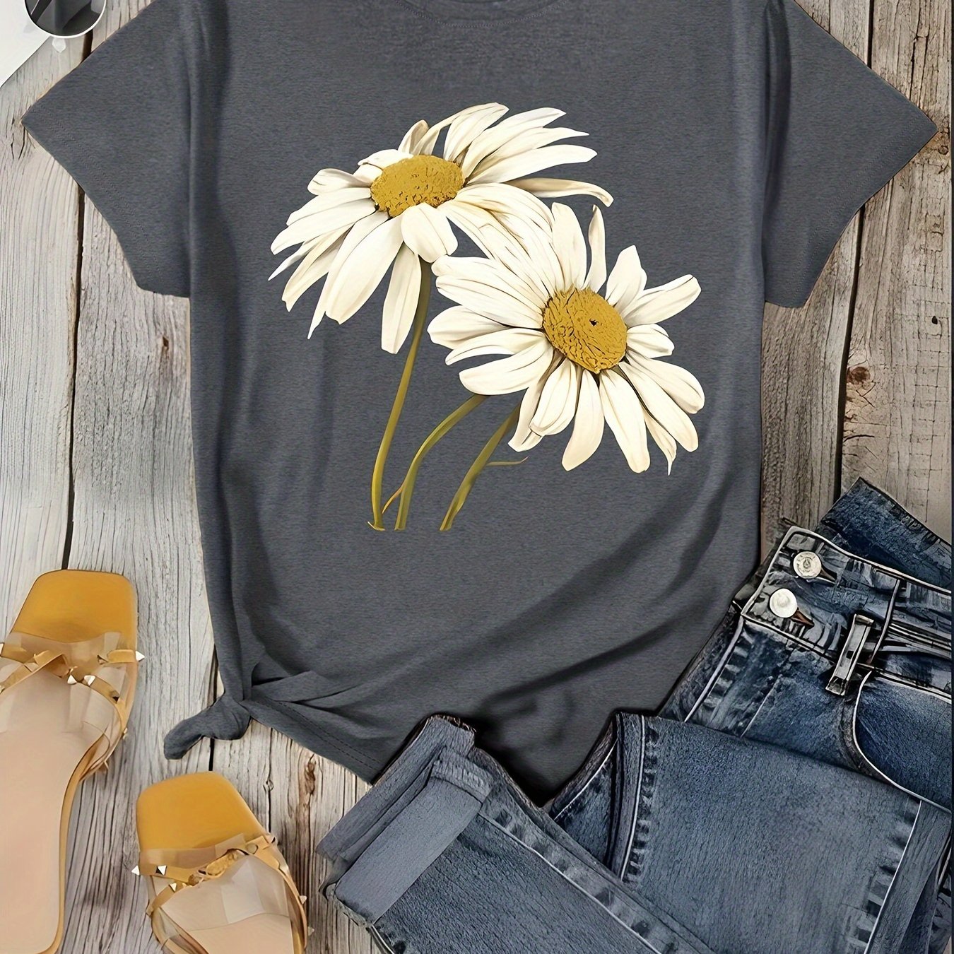 Image of 2026 New Style Fashion Floral Print T-shirt, Casual T-shirt, Colored /rayon Blend Poppy Tr