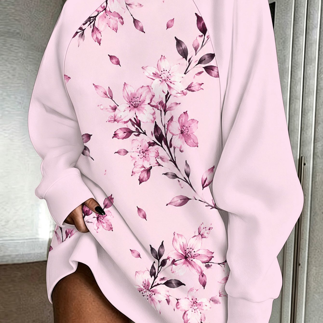 TEMU Pink Cherry Floral Print Womens Sweatshirt Autumn Winter Long Casual Wear Office Date Home Party Traveling