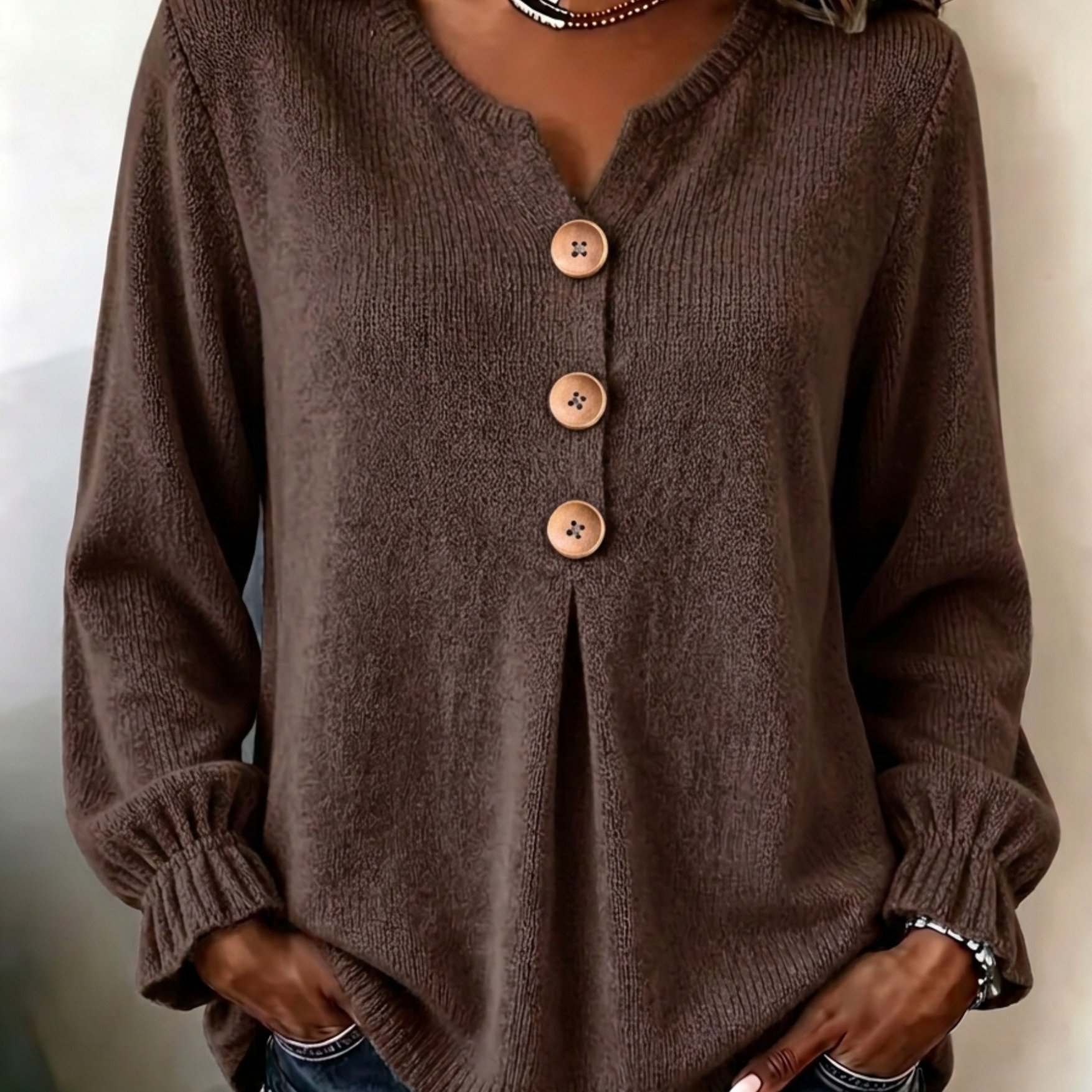TEMU Plus Size - Women's Elegant Casual Cute Sexy Middle Eastern Style Spring Autumn Solid Color Round Neck V-neck Button-decorated Bell Sleeve Long