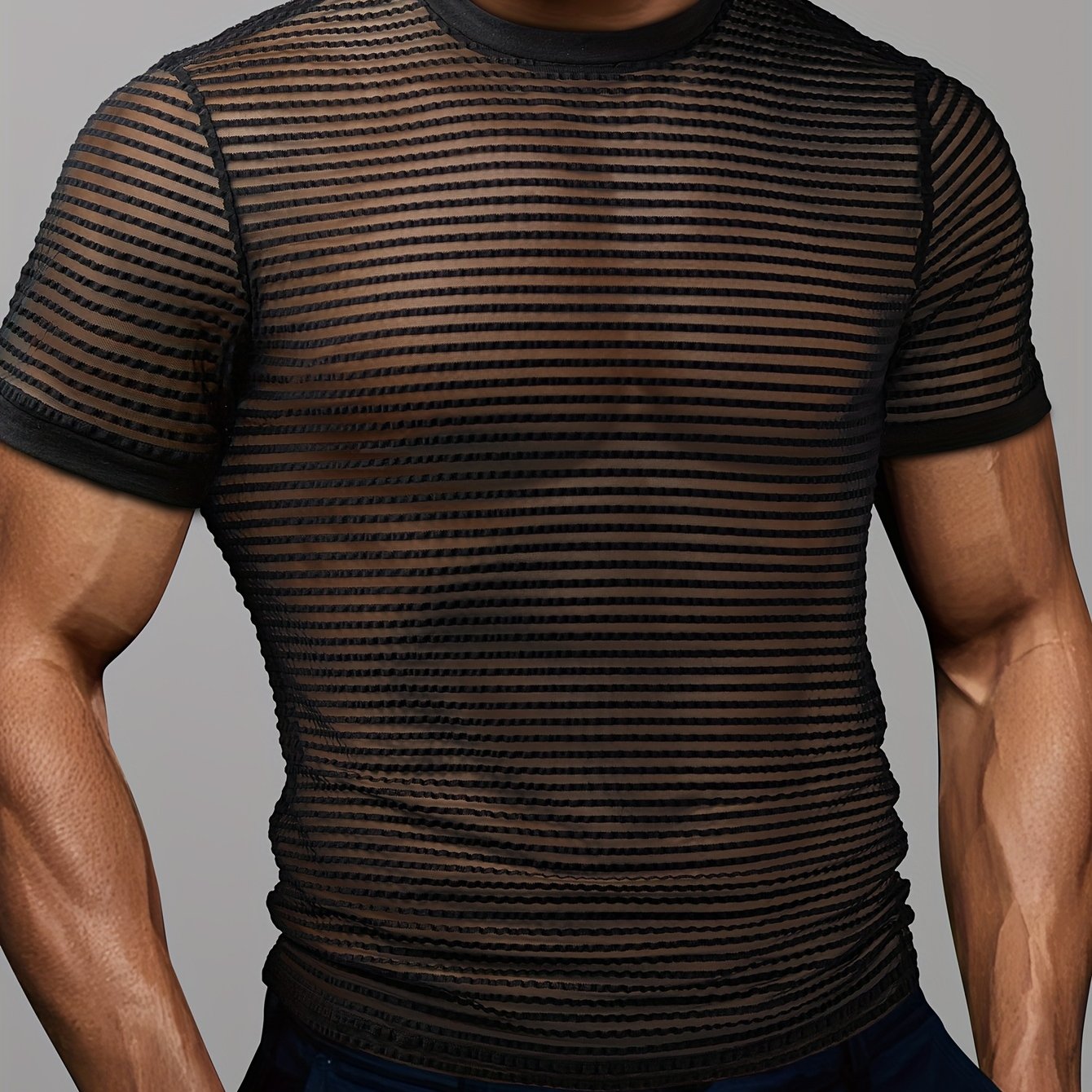 Image of 's Slim-fit Textured Crew Neck Semi-sheer Mesh Stretchy Soft Perforated Breathable Sports T-shirt