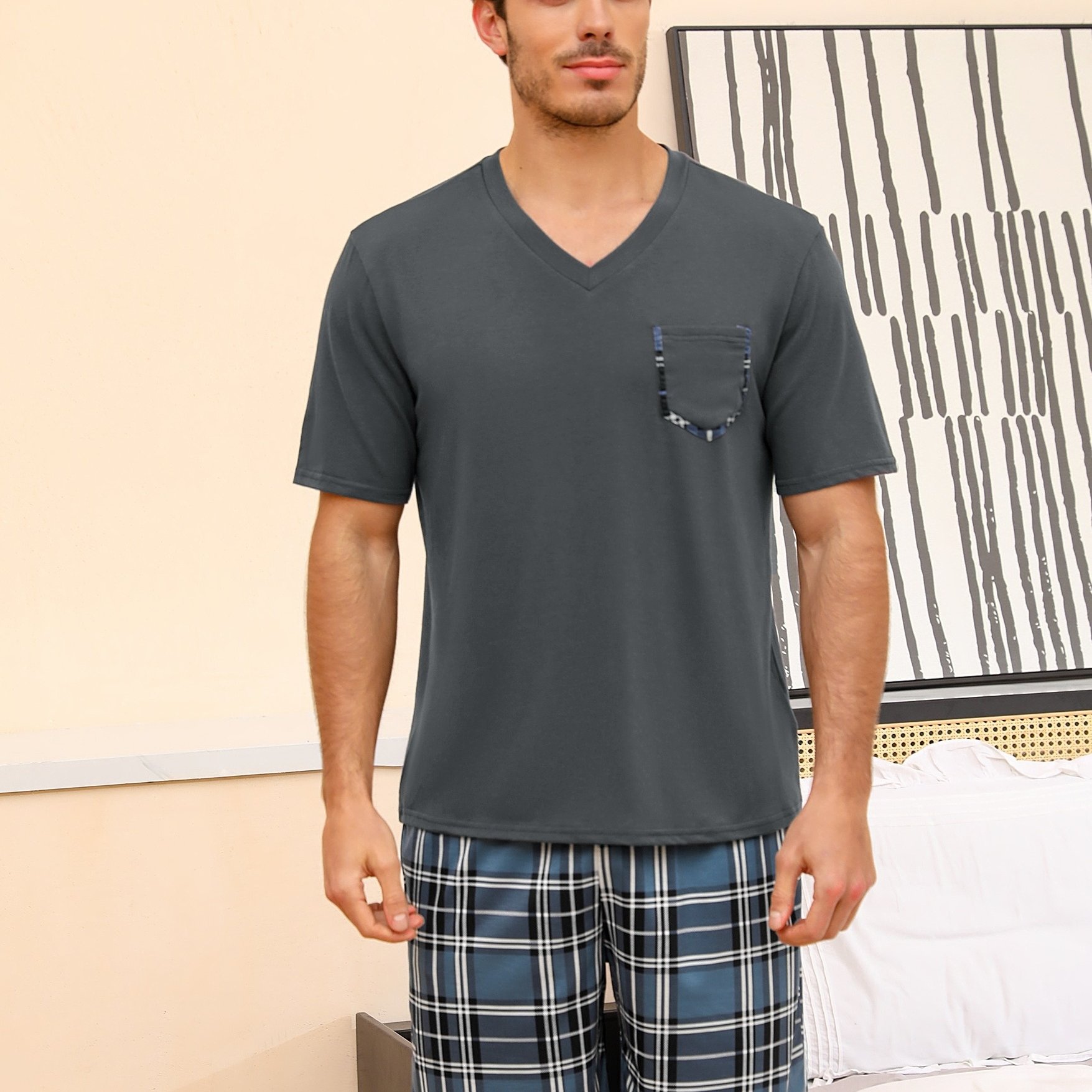 Men's Pajama Set Short Sleeve V-neck With Chest Sleepwear Summer Loungewear