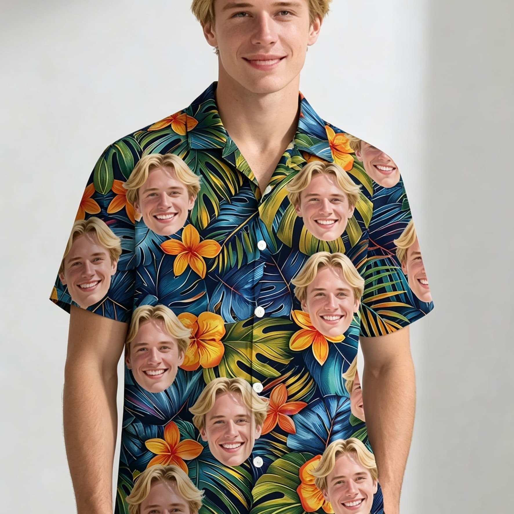 TEMU Custom Photo Hawaiian Short-sleeved Casual Shirt, Personalized Tropical Pattern, Trendy Top