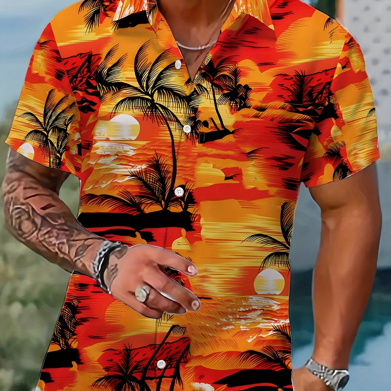TEMU Men's Retro Hawaiian Floral Print Short Sleeve Shirt- Retro Tropical Beach Casual Collar, Lightweight Breathable Polyester Fiber, Vibrant Palm ,