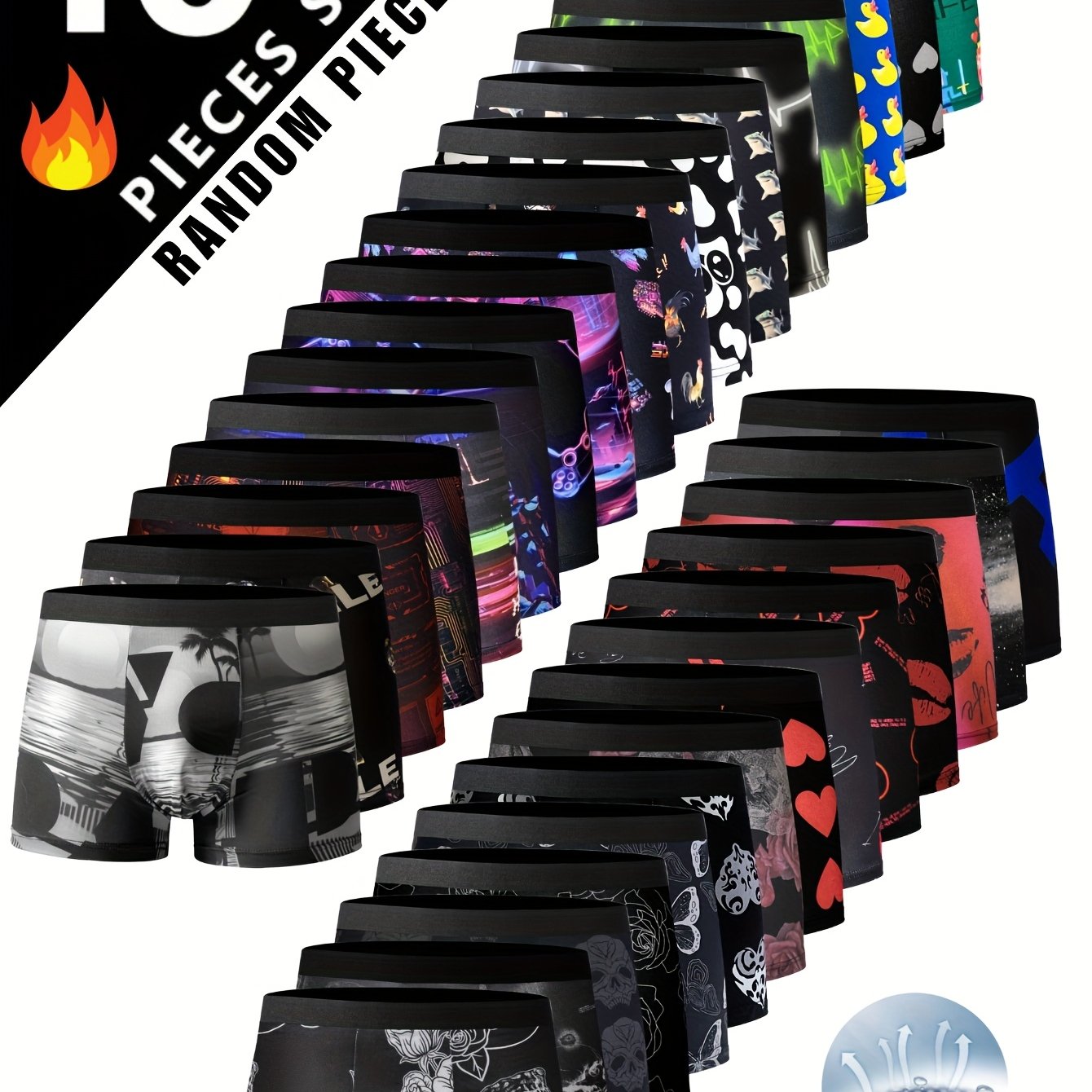 TEMU 10 Zufällige Artikel für Herrenboxershorts, Herrenunterwäsche mit zufällig bedruckten Totenkopfen, Rosen, Cyber-Autos, herzförmigen Lippen,