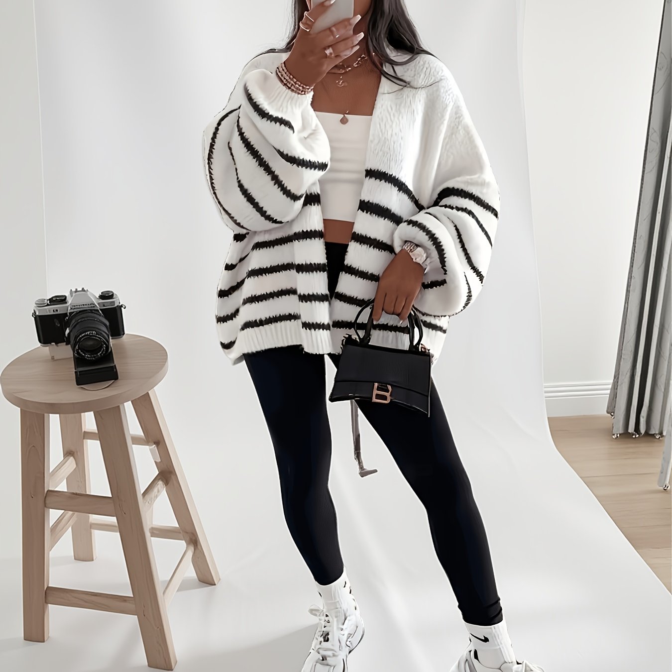 TEMU Cardigan da donna a righe vintage stile streetwear pendolare casual versatile a blocchi di a maniche lunghe