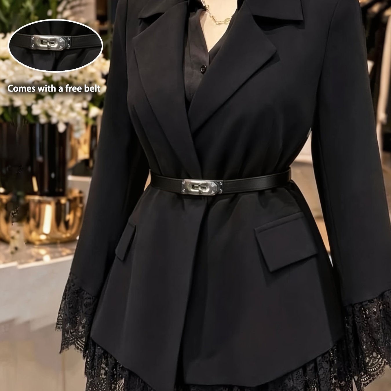 TEMU Gebonden Taille-Inkrimpende Kant Patchwork Blazer 1- Dames Casual Elegant Irreguliere Zoom Slimming Temperament Woon-werkverkeer Gebonden Blazer