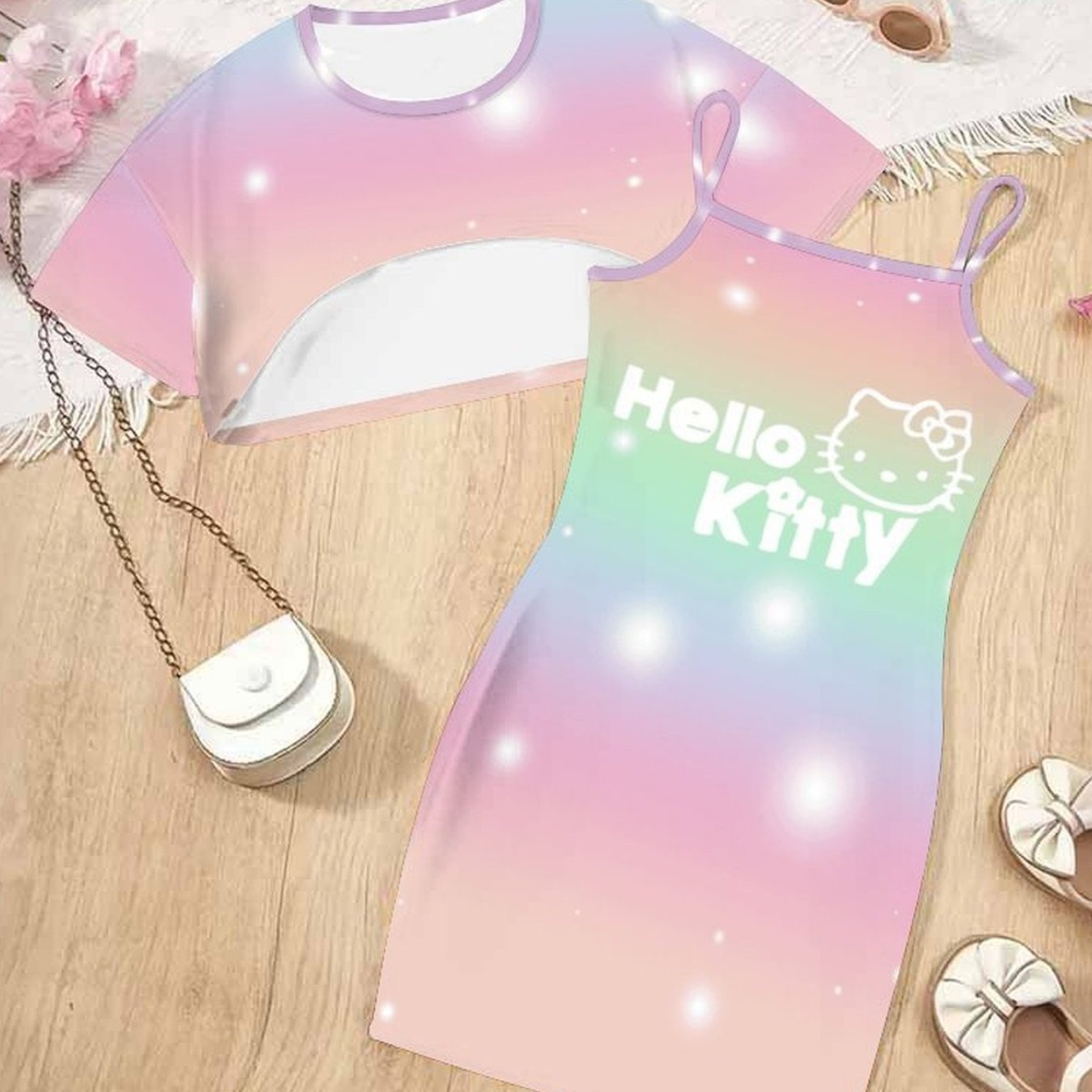 Image of Girls' Dress Set Casual Versatile Outfit With Hello Kitty And Kuromi Patterns, Cinnamoroll Short-sleeve Curved Top, And Suspender Pencil Skirt Two-piece Set