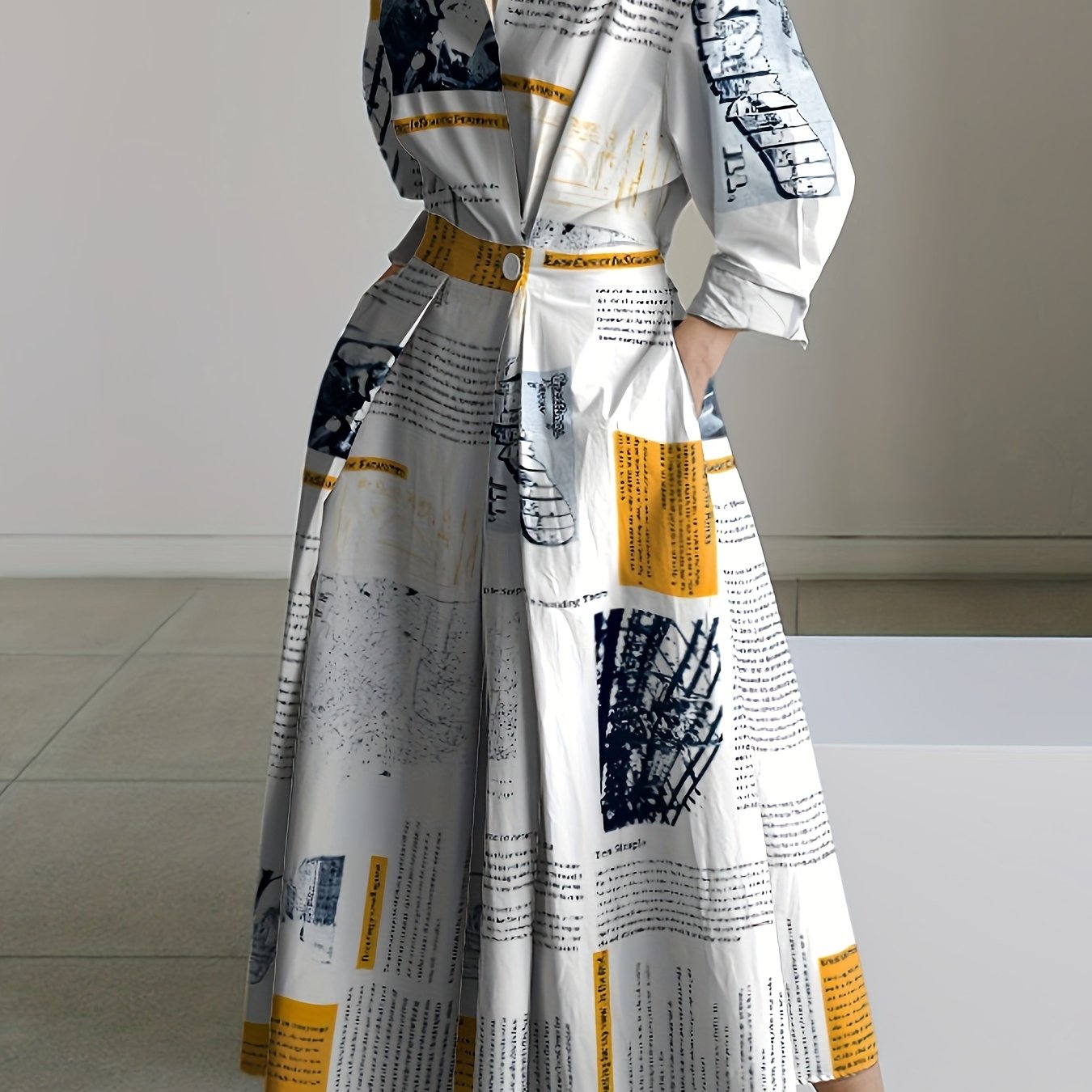 TEMU Women's Personality Newspaper Print Lapel A-line Dress 2024 New Long Sleeve Urban Casual Office Midi Dress