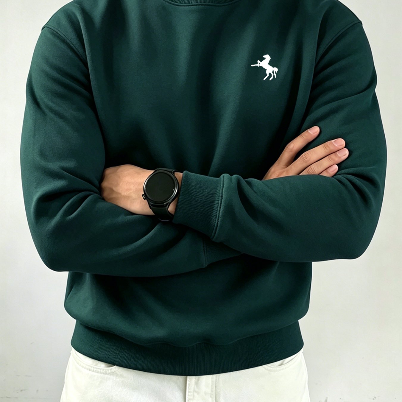 TEMU Men' Crew Neck Sweatshirt With Small Horse Print On Left Chest, Casual Long Sleeve Loose Fit Versatile Solid Color Pullover Sport Sweatshirt
