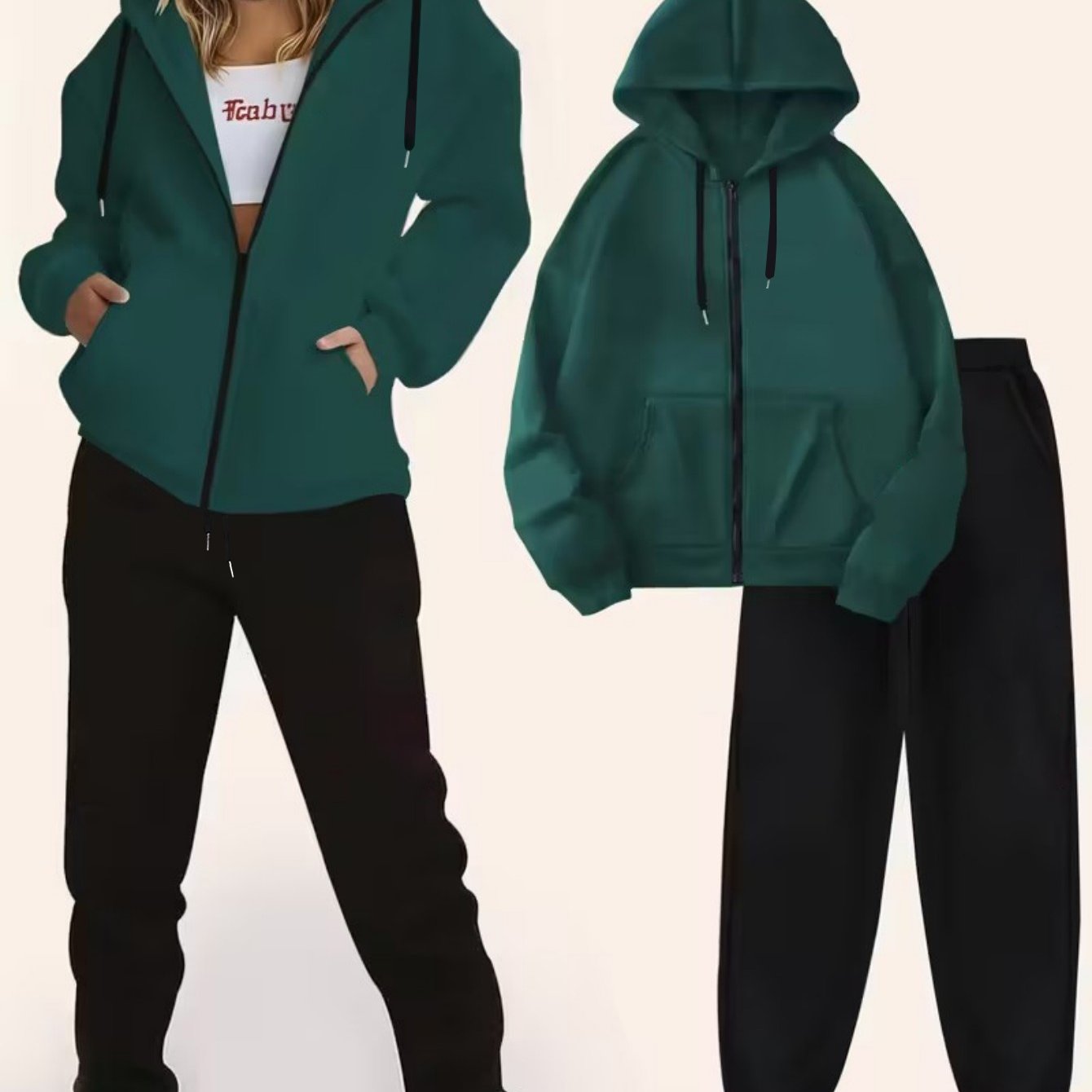 TEMU Plus Size Women's Warm Zip-up Hoodie And Sports Pants Two-piece Set, Easy Solid Color Suitable For Autumn And Winter, Perfect For A -back Style.