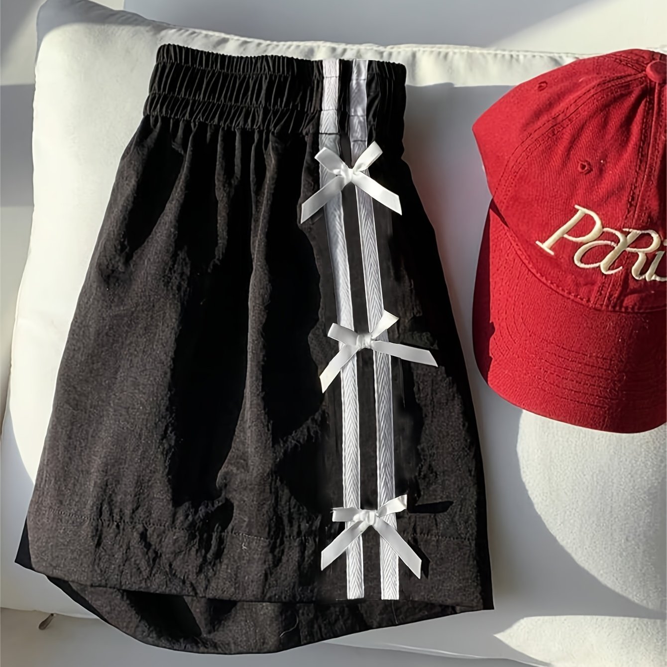 Women's Casual Summer Shorts With Side Bow Accents & Pockets - Loose Fit Non-stretch Fabric, Solid Black For Beach, Picnics, Casual , Side Bow Details, Opaque Texture