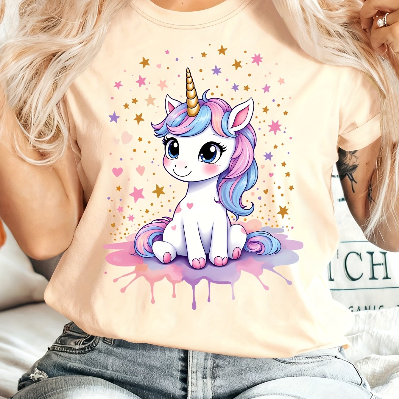 TEMU Women's Vintage Unicorn Print Short-sleeve T-shirt - Soft Round Neck Blouse, Casual Top With S-xxl Sizes & Options (machine Washable, Non-
