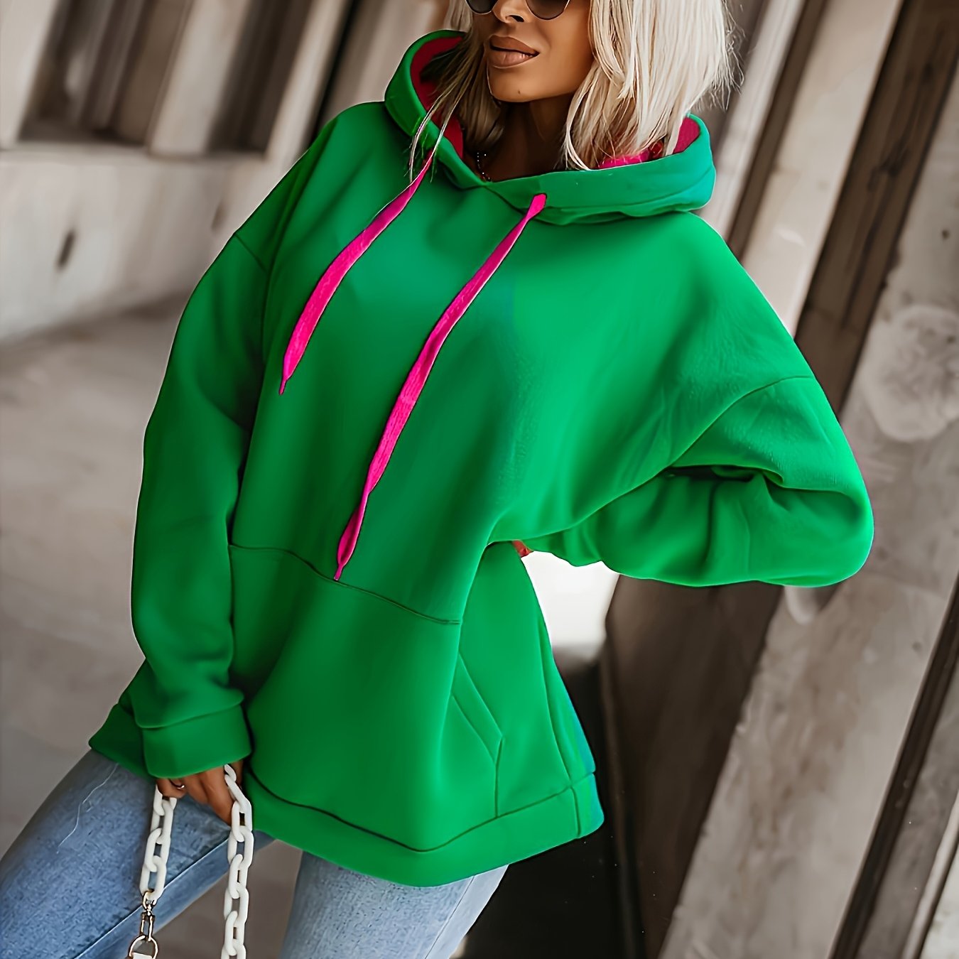 Hooded Pullover Sweater, Women's Sweatshirt, Green Hooded Top, Autumn Winter New Casual Jacket, Women's Long Coat