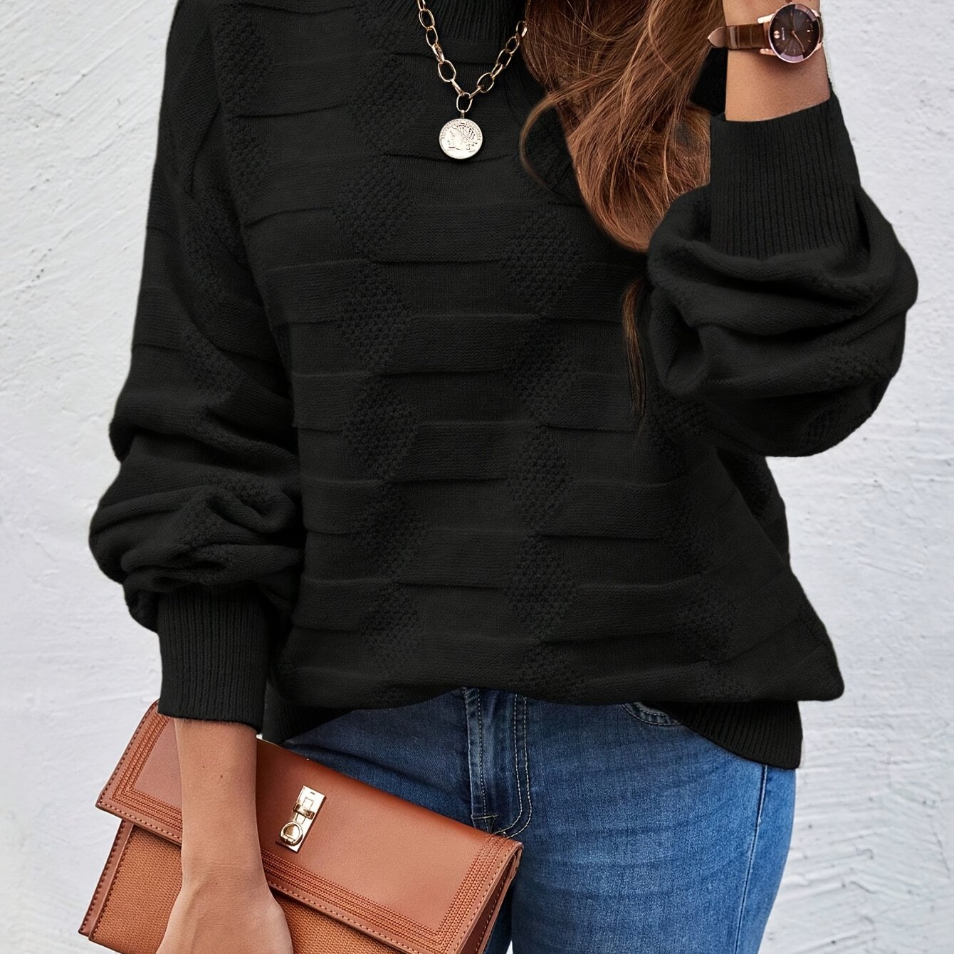 TEMU Women's High Elasticity Casual Round Neck Long Sleeve Pullover Sweater - Solid Color Machine Washable Fall Top