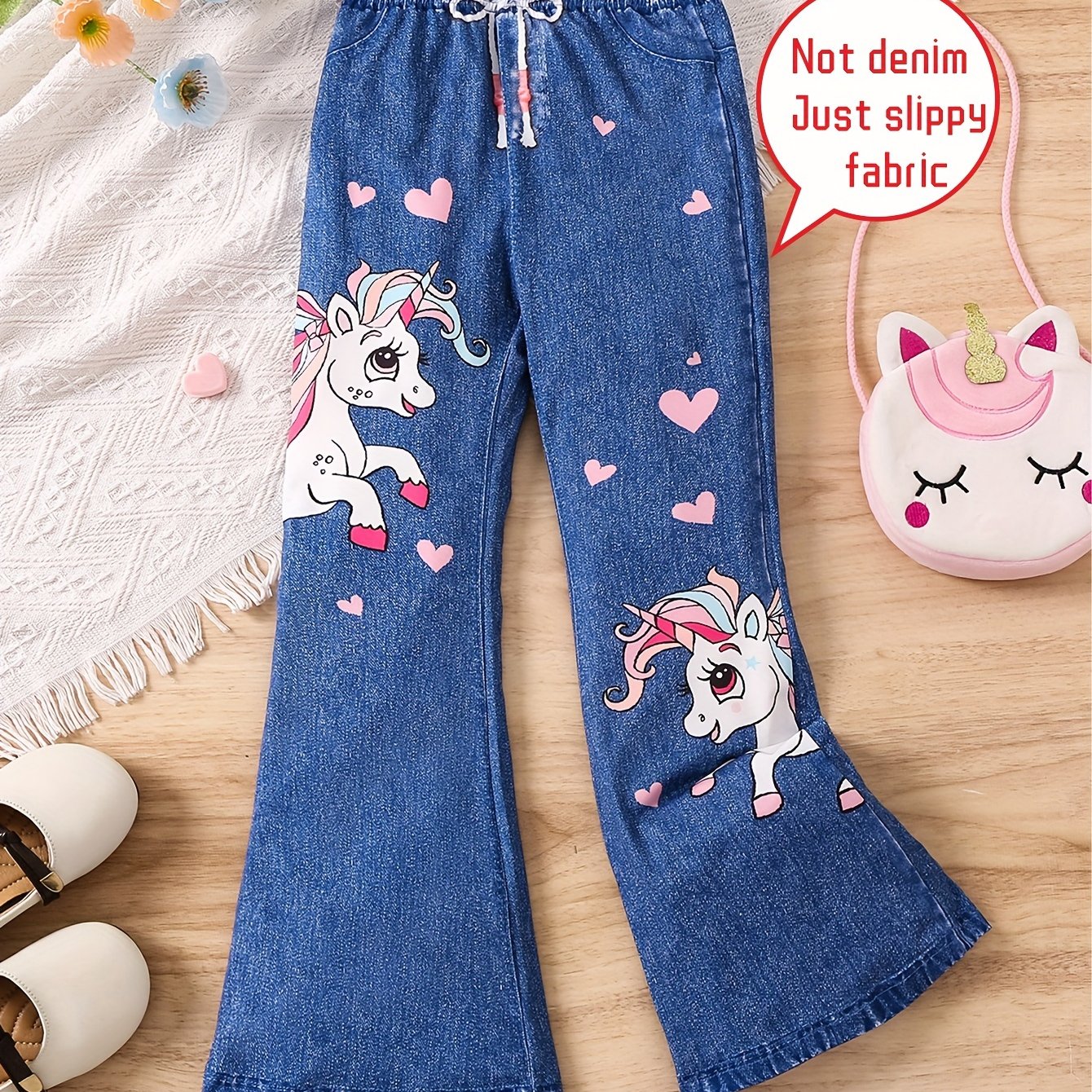 Girls Unicorn Imitation Denim Digital Print Flared Pants Cute & Fashion  Kids Pants