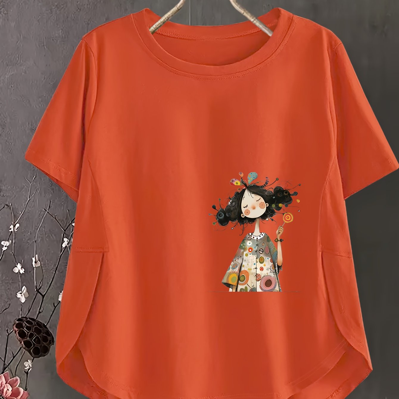 TEMU Women's Bohemian Print T-shirt - Cute Cartoon Dopamine Vintage Style Holding Candy Pattern - Spring/summer Round Neck Top With Trendy , Fun