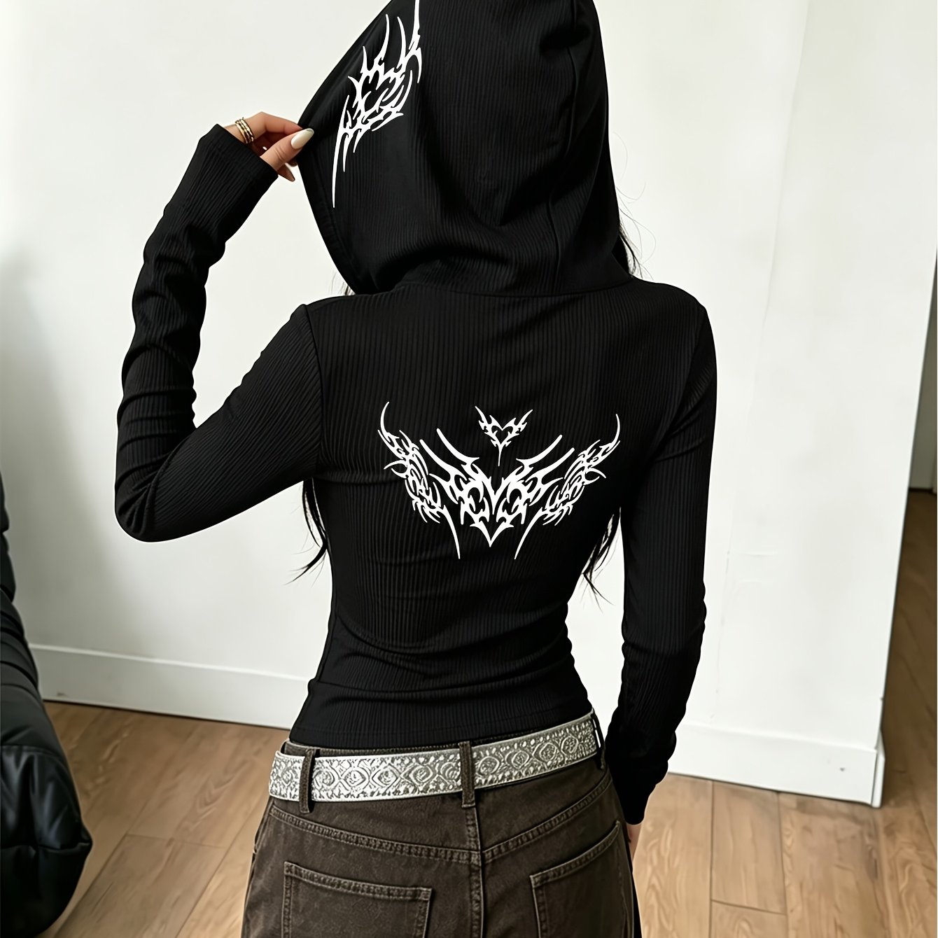 TEMU Veste à capuche vintage gothique à fermeture éclair pour femme - Cardigan court avec double imprimé au dos et ceinture à la taille, vêtement