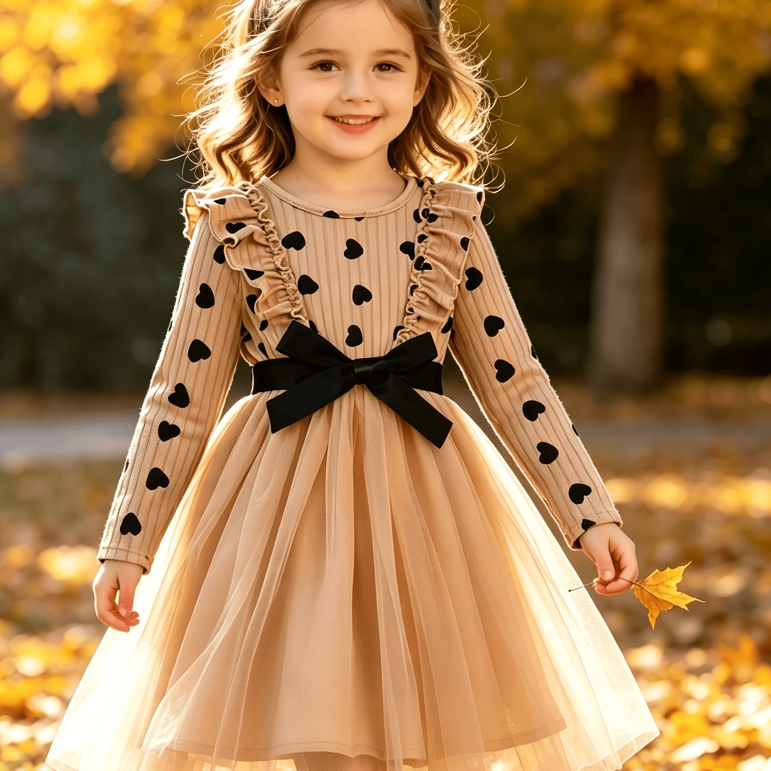 Image of Girls' Dress, Autumn Winter Knit Long Sleeve Heart Mesh Skirt, Holiday Party Dress, Back To